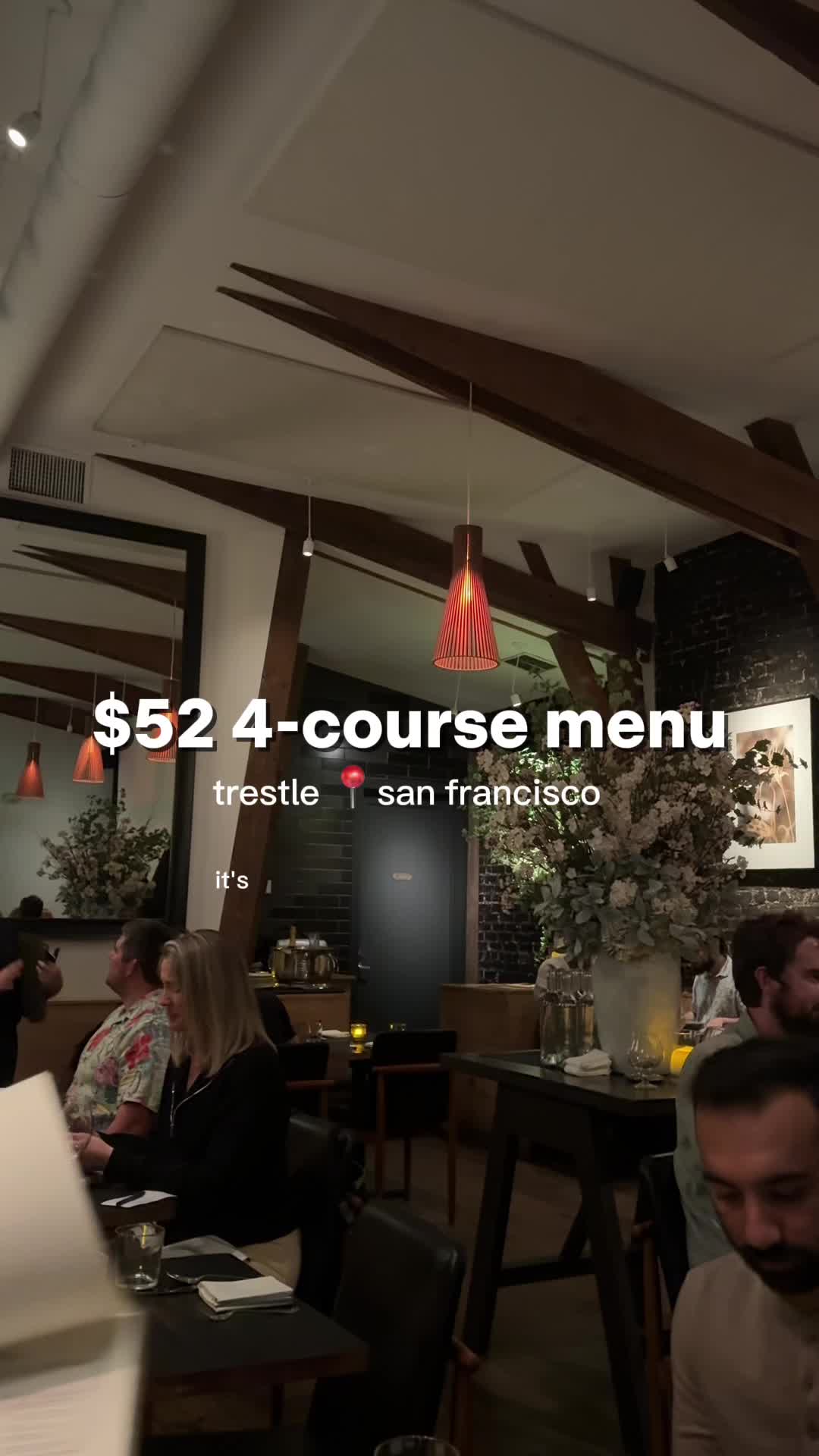 $52 for a 4 course meal in SF is an absolute steal!! its worth it even just to try out for the vibes :) its definitely a smaller restaurant so recommend making a reservation before going! the portion sizes were perfect. i was super full after. and the dessert was so unique! #trestle #trestlesanfrancisco #sanfranciscorestaurant #sanfranciscofoodie #foodie #bayareafoodie #bayareafood #sfrestaurants #restaurantreviews #tastingmenu #4coursemeals