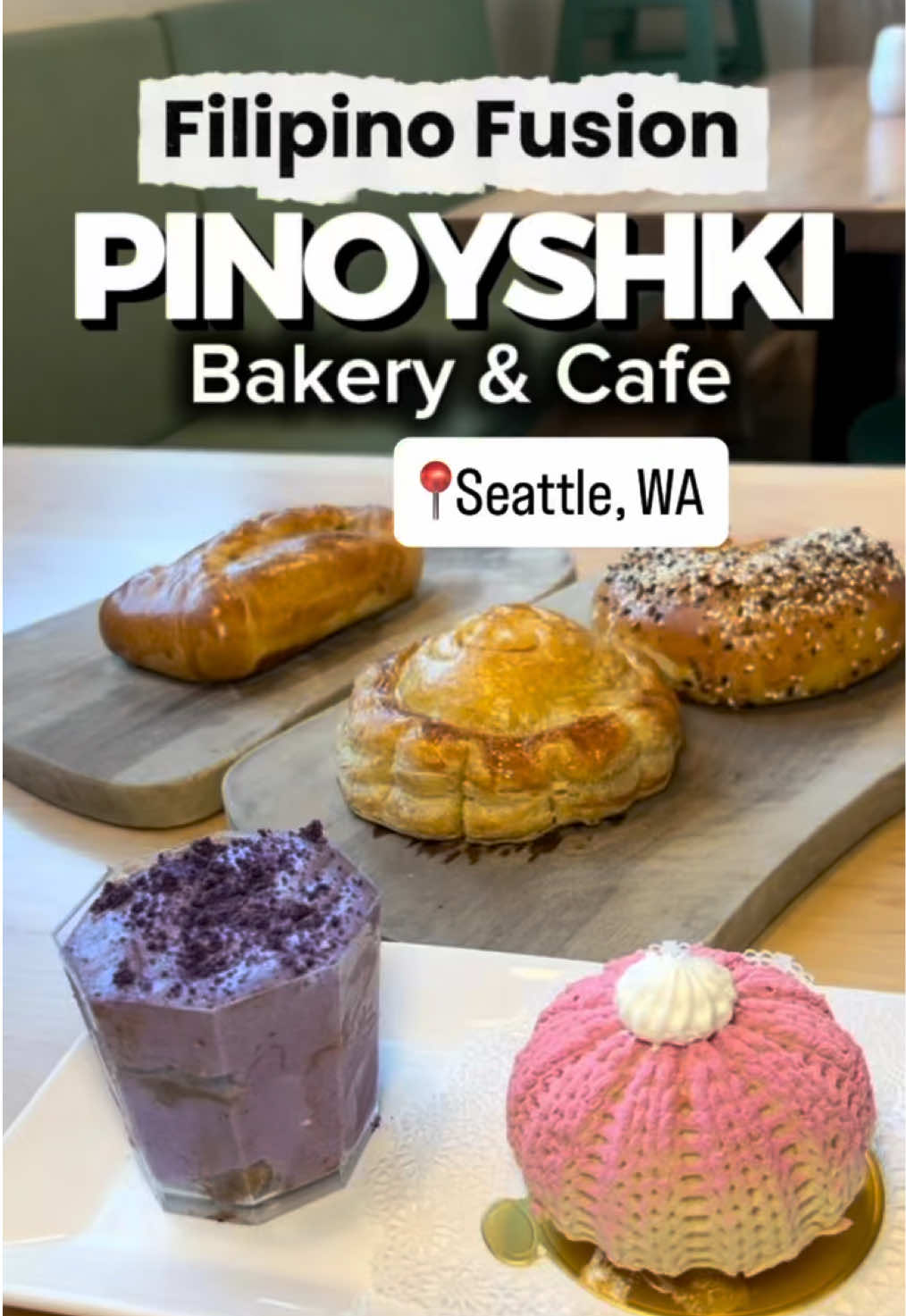 We finally checked out Pinoyshki in Capitol Hill 🥐✨ A Filipino-owned bakery blending Filipino flavors with Eastern European pastries!

This is what we tried:
- Smoked salmon cream cheese
- sausage pithivier, 
- beef & vegan asado.
- Teenie Weenie  beanie
- Ube tiramisu
- Pandan caramel latte

📍 Pinoyshki
715 E Pine St
Seattle, WA 

 #seattlefoodie #seattle #bakery #fyp #filipino 