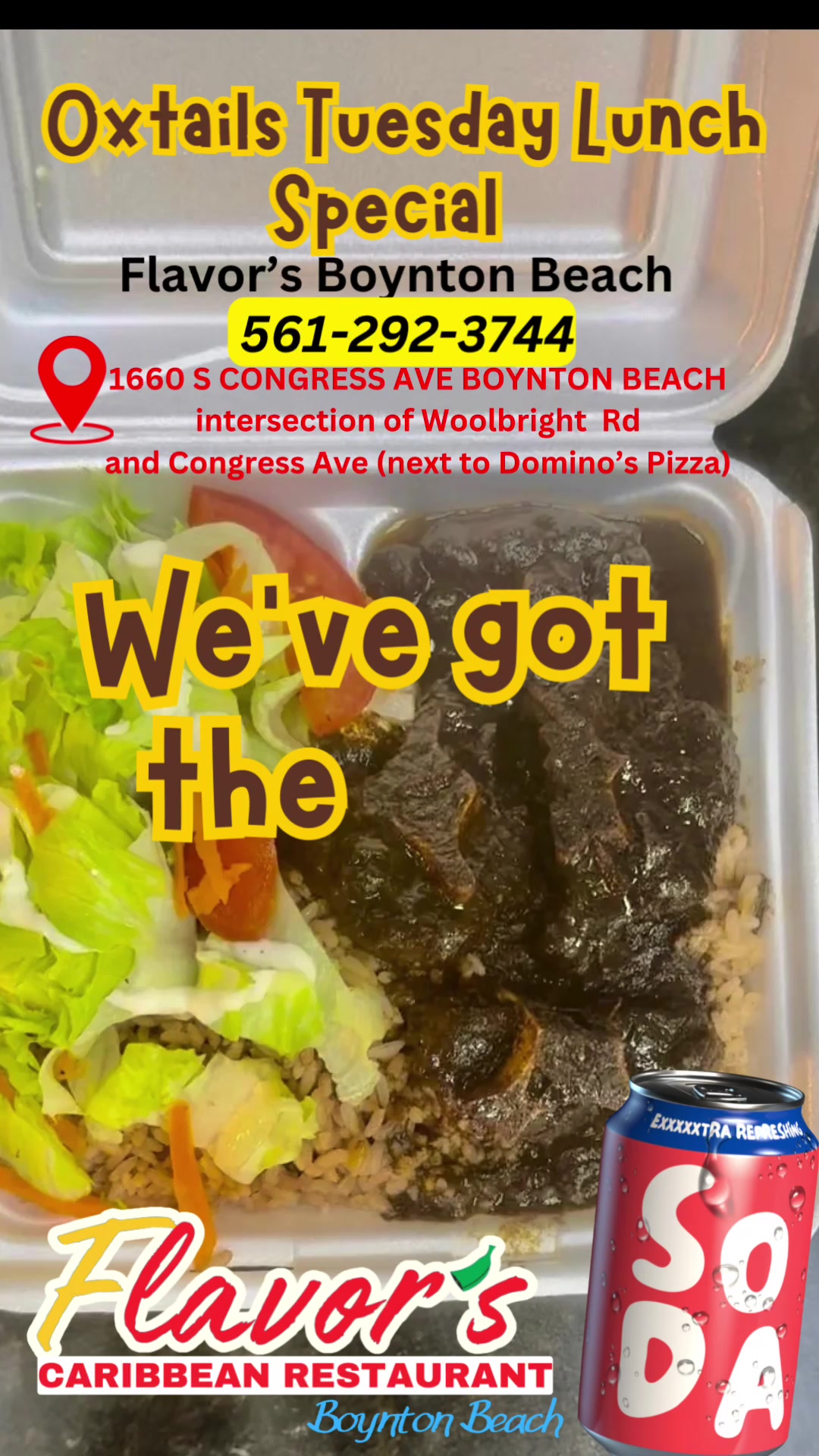 🎉 It's Oxtail Tuesday at Flavors Caribbean Restaurant! 🎉
Join us from 11am to 3pm for a hearty lunch special featuring our tender, flavorful oxtails that will transport your taste buds straight to the Caribbean. 
Don’t keep this delicious secret to yourself—tag a friend to join you! 😉 
#CaribbeanCuisine #OxtailTuesday #BoyntonBeachEats