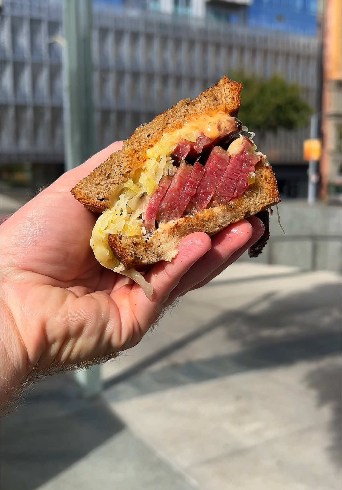 “The Grove Reuben Maven, with slow cooked hot pastrami, house-made Russian dressing, Gruyere, Sonoma Brinery sauerkraut, on grilled New York rye, pickle on the side” (The Grove, 690 Mission St, San Francisco, CA) #sandwich #sanfrancisco #foodtiktok #sffoodie #bayareafoodies #foodporn