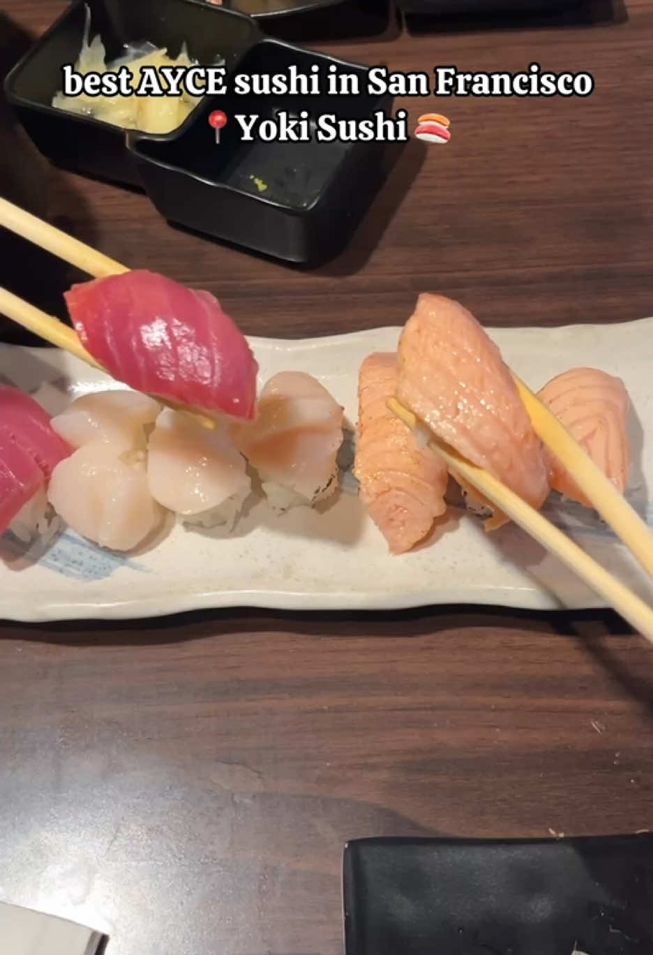 best ayce sushi in SF 🍣 @yokisushi_ 

This is my favorite spot and I also think the best spot for all you can eat sushi in San Francisco, Yoki Sushi blew up online last year and after we finally went to check them out we’ve been coming back ever since. The variety and quality of fish in their nigiri, sushi rolls, chirashi, and more are great and we always love coming here. I love the torched salmon and scallop nigiri here too 🍣 

It’s $40 per person for 90min and you can order off their AYCE menu on the tablets at the table. They also offer non-AYCE as well if you’d like that also. 

#bayarea #sanfrancisco #sushi #aycesushi #allyoucaneat #allyoucaneatsushi #yokisushi 