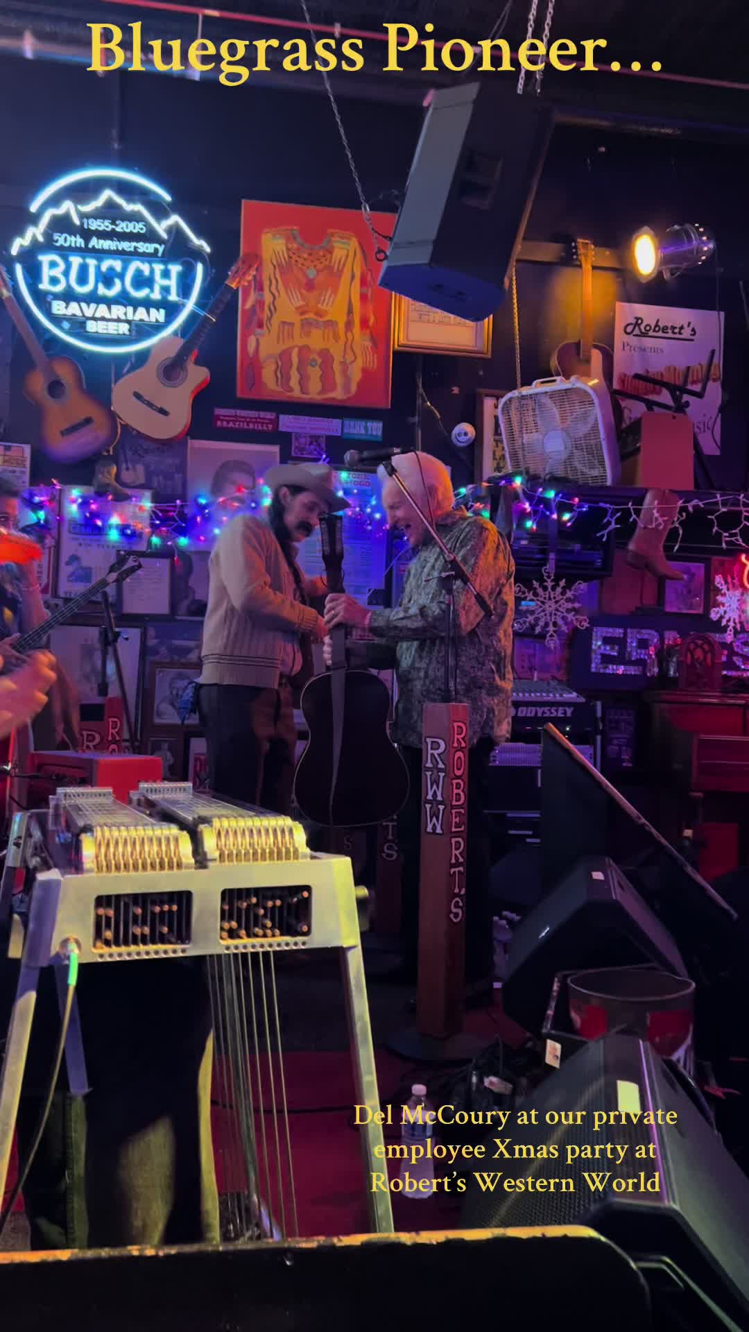 We were very lucky to have Del McCoury sot in for a song at our private Xmas employee party at Robert’s Western World in Nashville, Tennessee. If you love bluegrass you know how bad ass he is and what a treat this is. Here is is playing a country standard with the band,”Pick Me up on Your Way Down.” #delmccoury #bluegrass #bluegrasspioneer #bluegrassnashville #country #countrymusic #del #robertswesternworld #americana #americanmusic #rootsmusic #roots #nashville #tennessee #nashvillemusicscene #steelguitar #honkytonk #realcountrymusic #traditionalcountry #traditionalbluegrass 